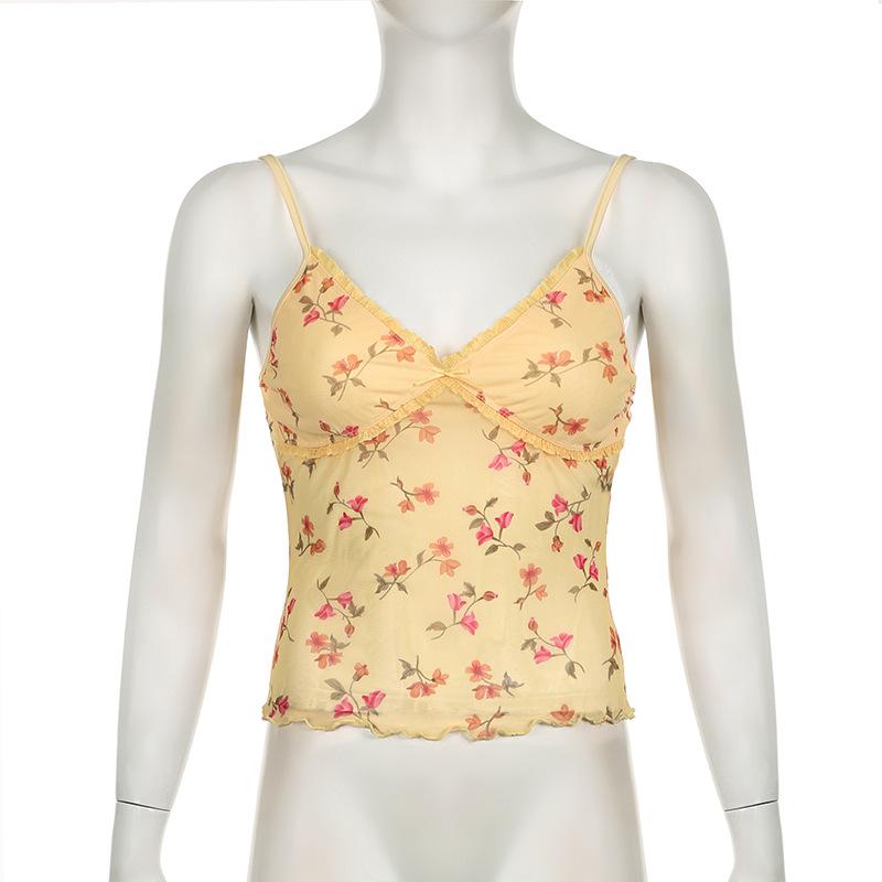 V neck lace hem flower print mesh ruffle cami top