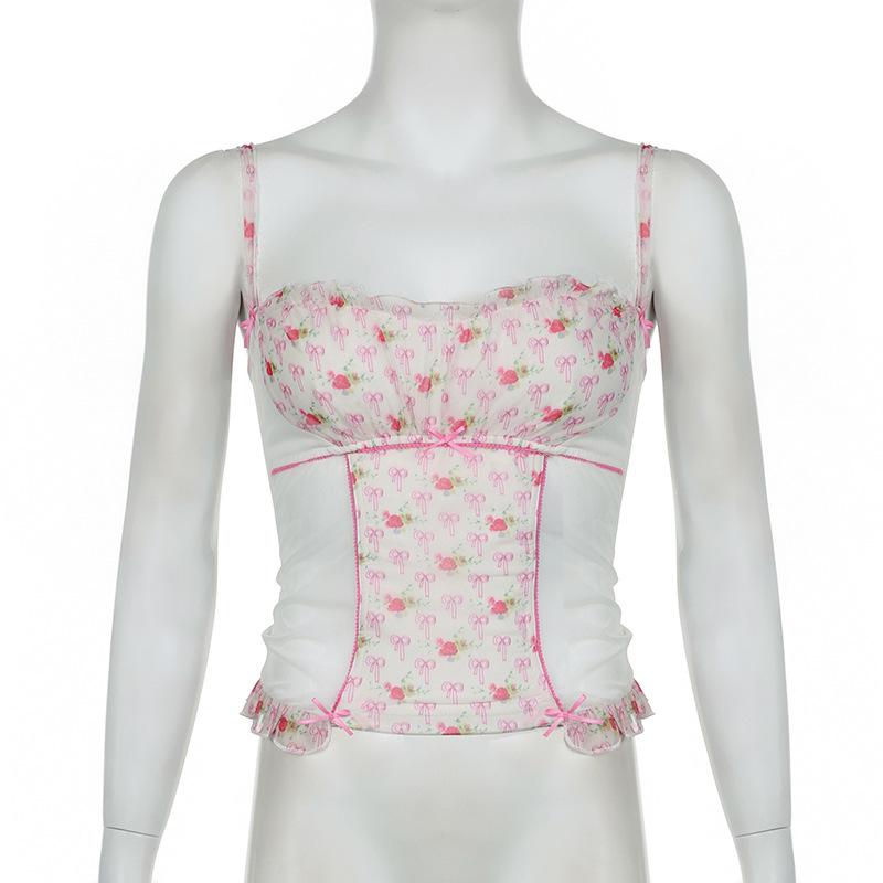 Ruffle stitch patchwork bowknot print cami top
