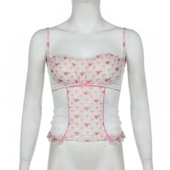 Ruffle stitch patchwork bowknot print cami top
