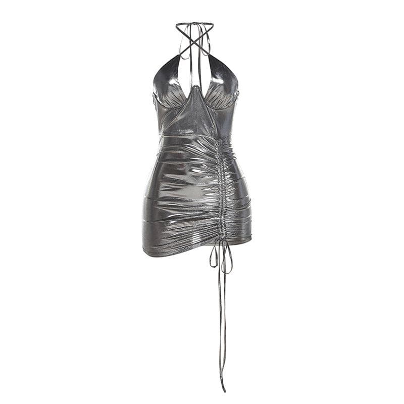 Cross front drawstring low cut metallic halter solid mini dress  | black rave dress  | black rave dress