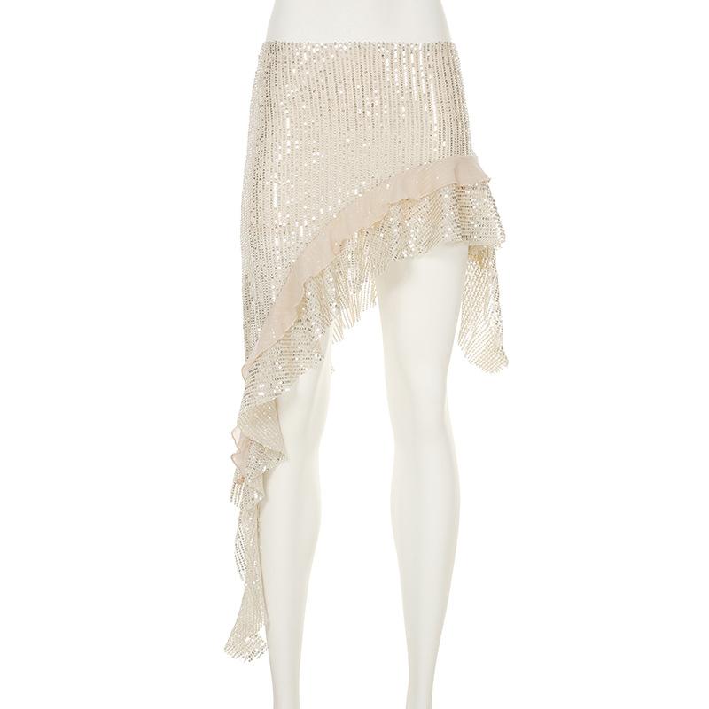 Glitter irregular ruffle mesh midi skirt