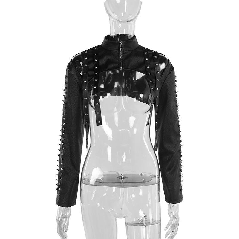 High neck PU leather zip-up hollow out shrug top
