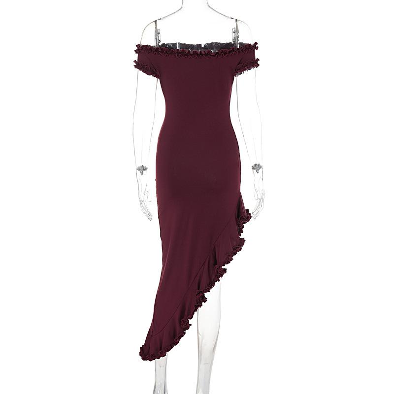 Short sleeve off shoulder ruffle irregular midi dress  | red tango dress