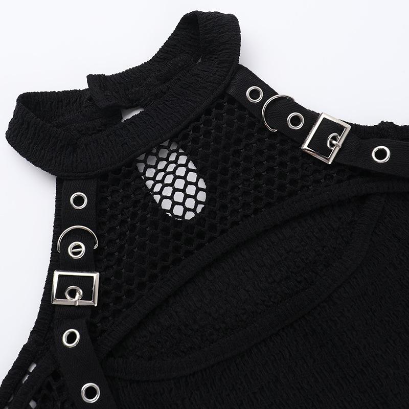 Off shoulder long sleeve fishnet patchwork buckle top
