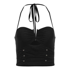 Halter ruched hollow out beaded top