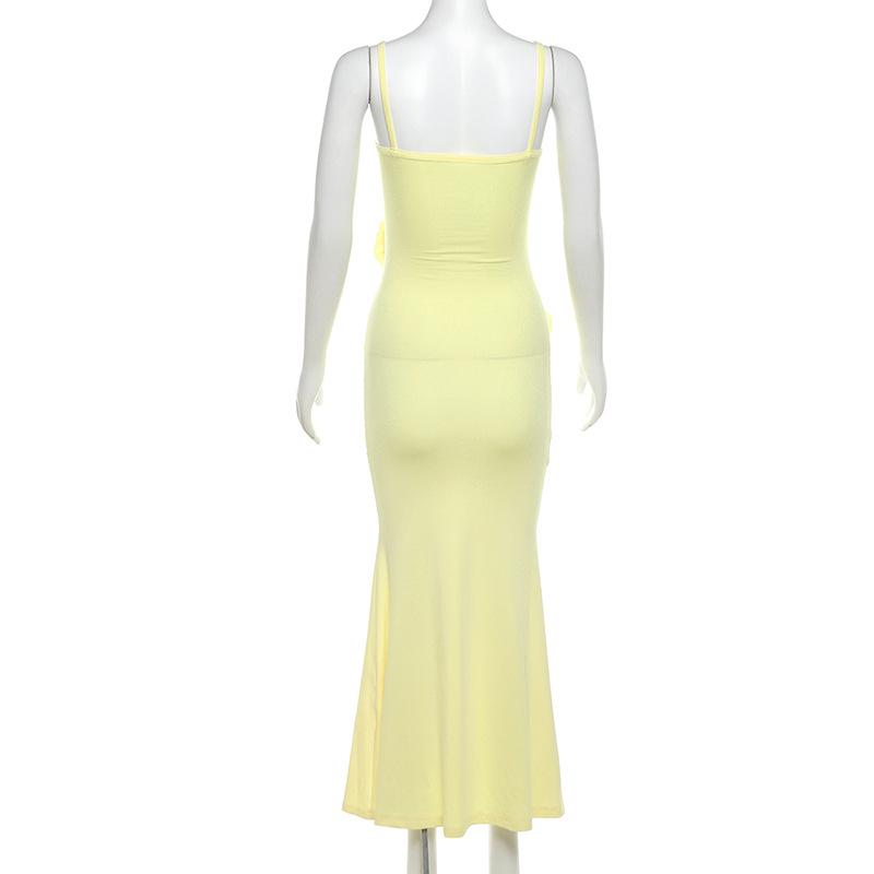 Hollow out rose applique solid cami maxi dress