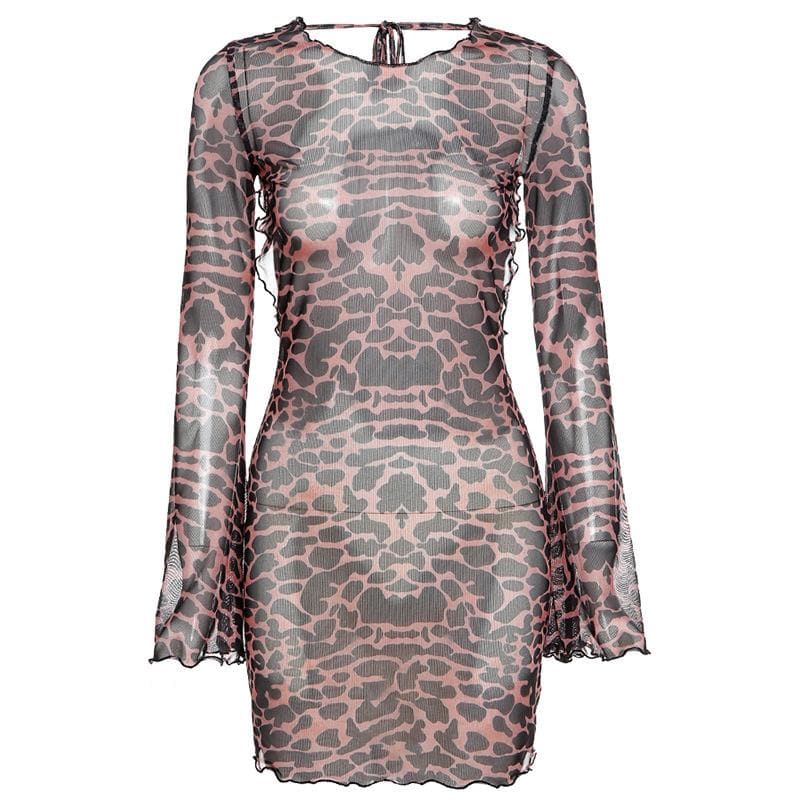 Sheer mesh leopard print contrast see through self tie backless mini dress  | samba dress