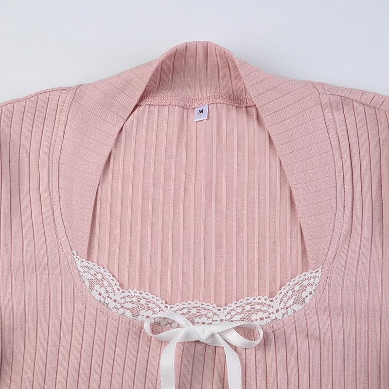 Lace hem contrast long sleeve bowknot ruffle top
