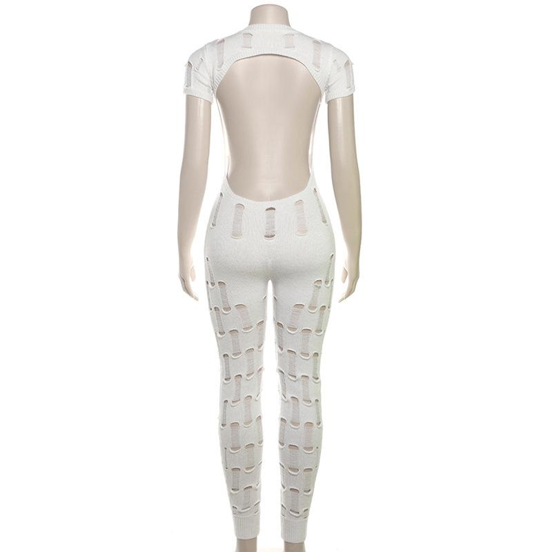 Hollow out short sleeve crewneck knitted backless jumpsuit