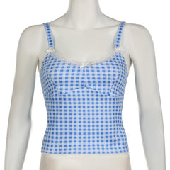 Lace hem plaid backless bowknot cami top