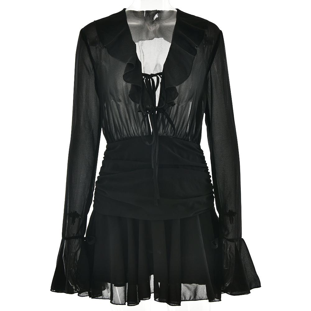 V neck long sleeve chiffon ruched ruffle mini dress
