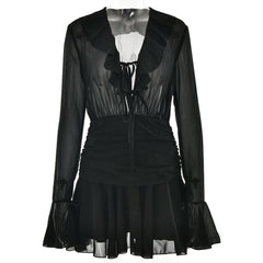 V neck long sleeve chiffon ruched ruffle mini dress