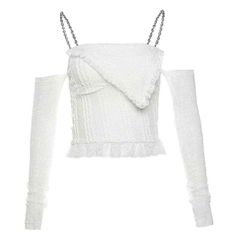 Textured solid long sleeve metal chain lace hem off shoulder top
