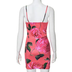 Rose print v neck backless cami mini dress  | red tango dress