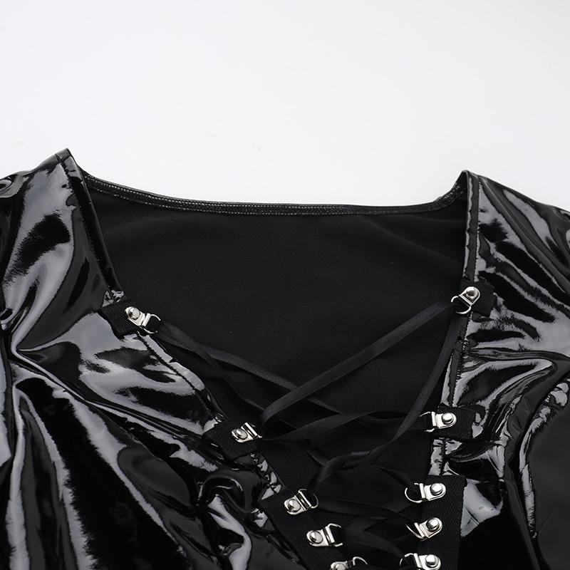 Long flared sleeve PU leather cross front bodysuit