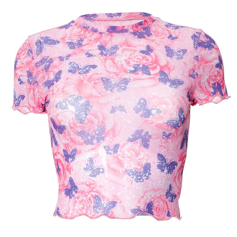 Short sleeve butterfly print sheer mesh crewneck ruffle top