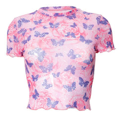 Short sleeve butterfly print sheer mesh crewneck ruffle top