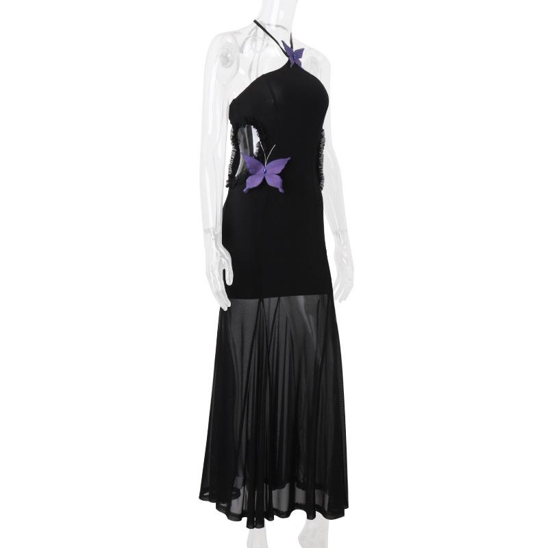 Halter butterfly applique hollow out mesh maxi dress