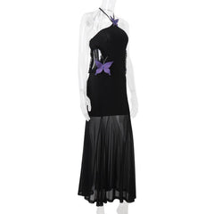 Halter butterfly applique hollow out mesh maxi dress