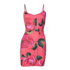 Rose print v neck backless cami mini dress  | red tango dress