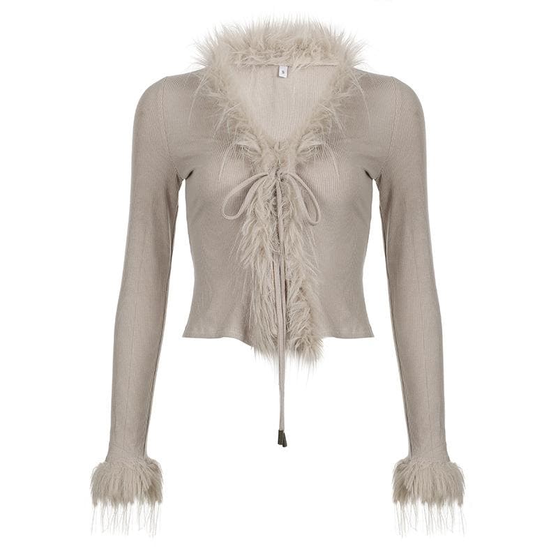 Long sleeve v neck furry ribbed self tie solid top