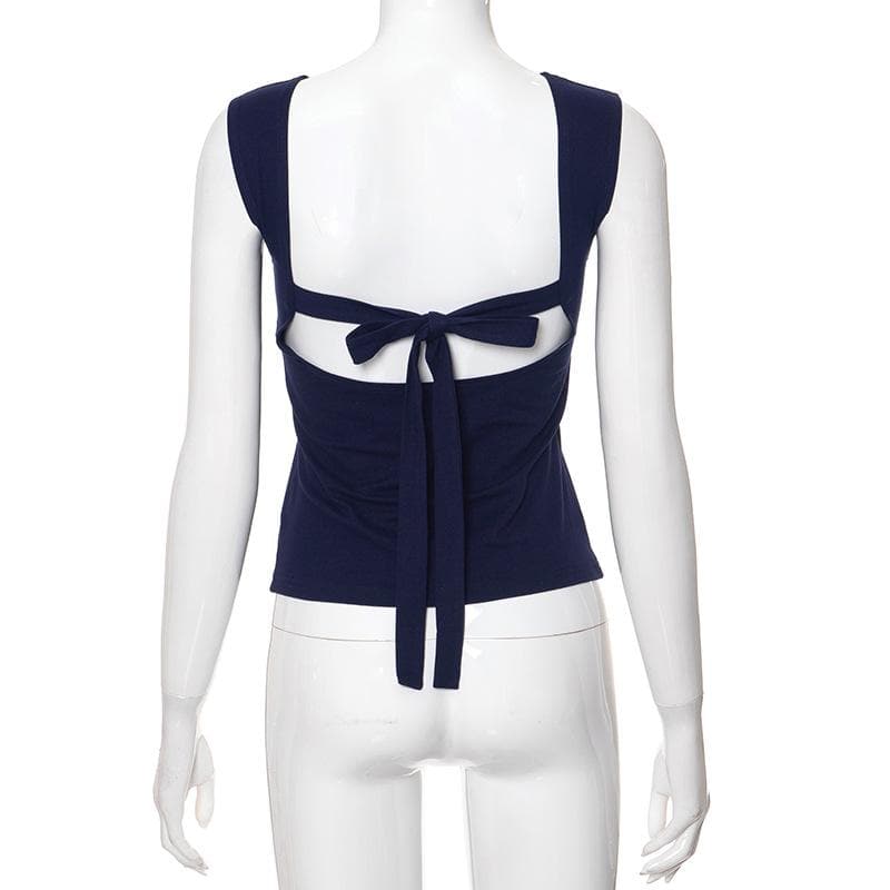 Self tie backless solid cap sleeve round neck top