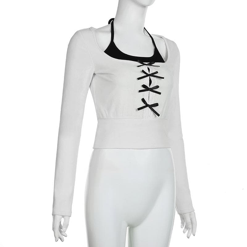 Long sleeve bowknot halter ruched 2 piece top