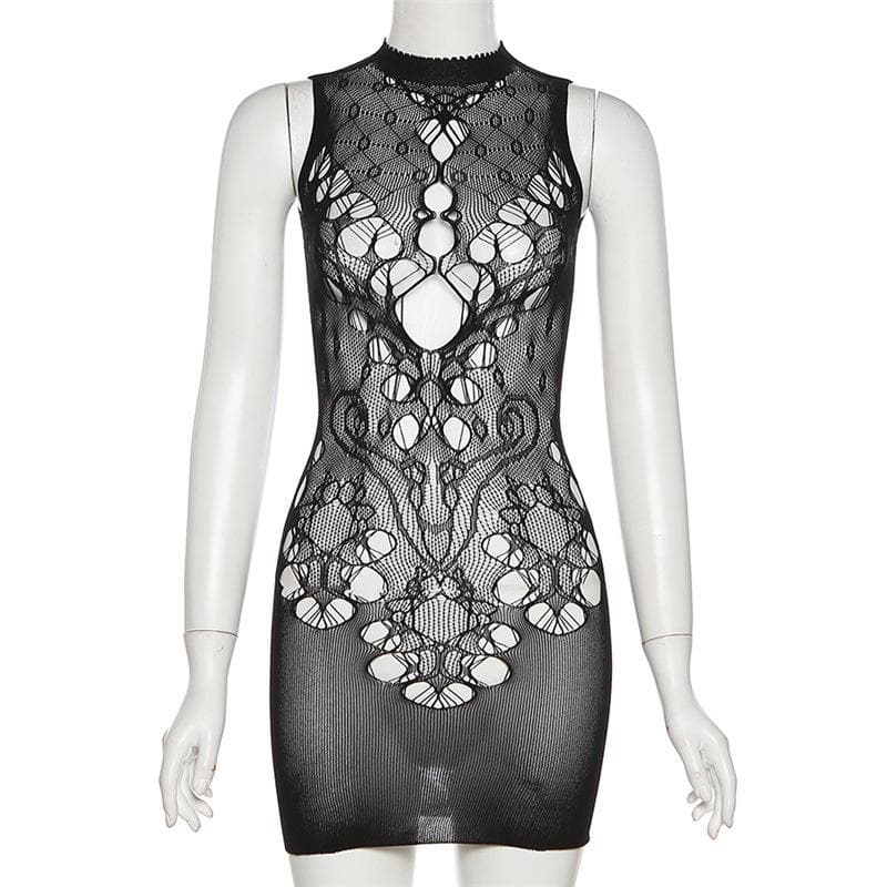 High neck hollow out fishnet solid cut out mini dress