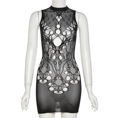 High neck hollow out fishnet solid cut out mini dress
