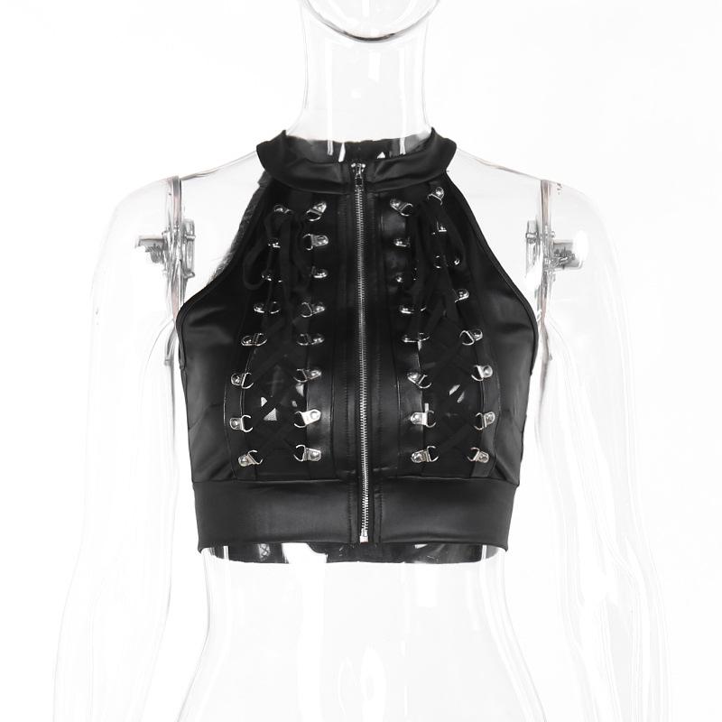 Sleeveless crewneck PU leather lace up zip-up crop top