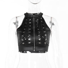 Sleeveless crewneck PU leather lace up zip-up crop top