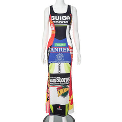 Sleeveless u neck print contrast tank maxi dress