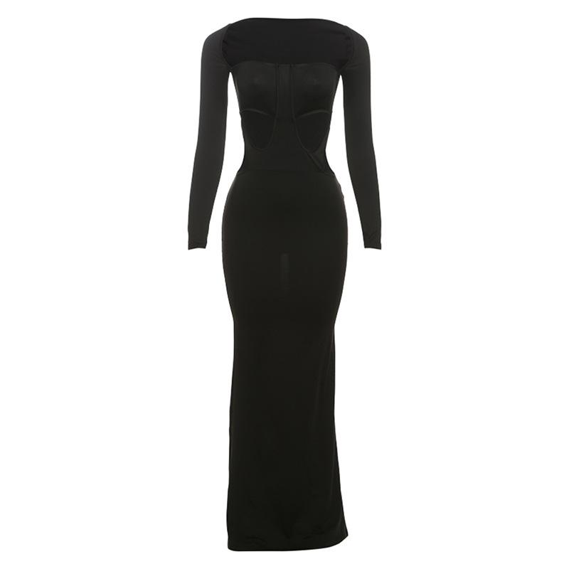 Long sleeve u neck hollow out maxi dress