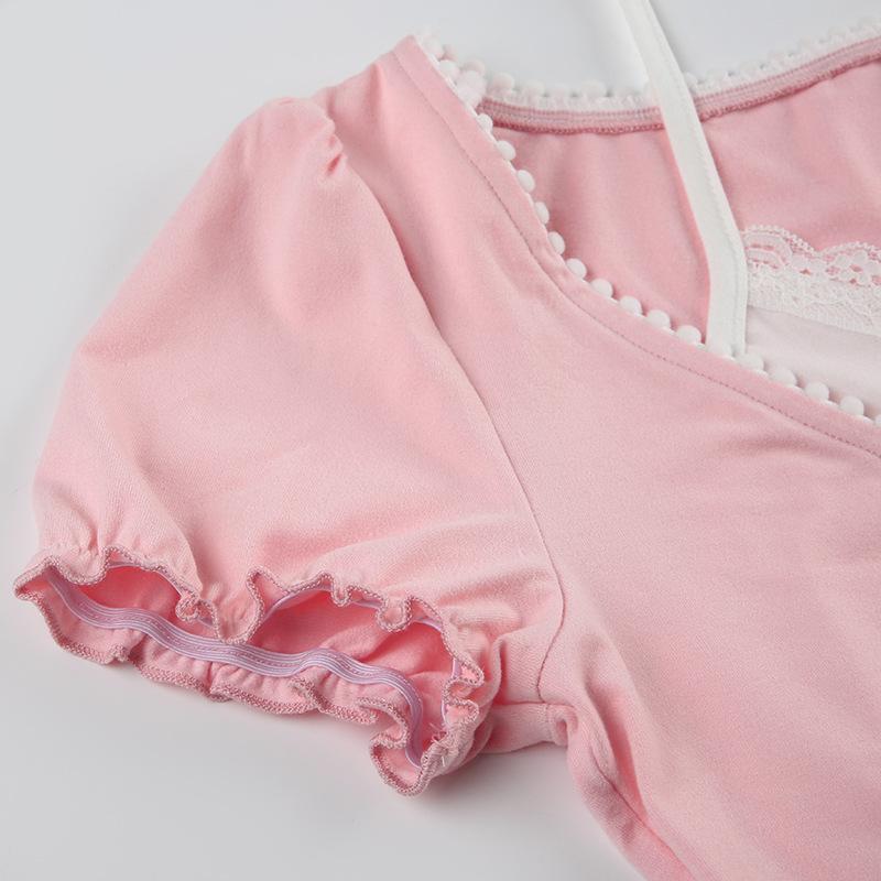 Short puff sleeve halter patchwork bowknot top