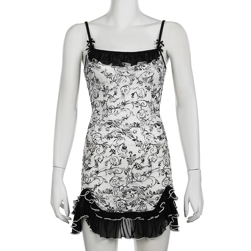Mesh ruched ruffle bowknot print cami mini dress