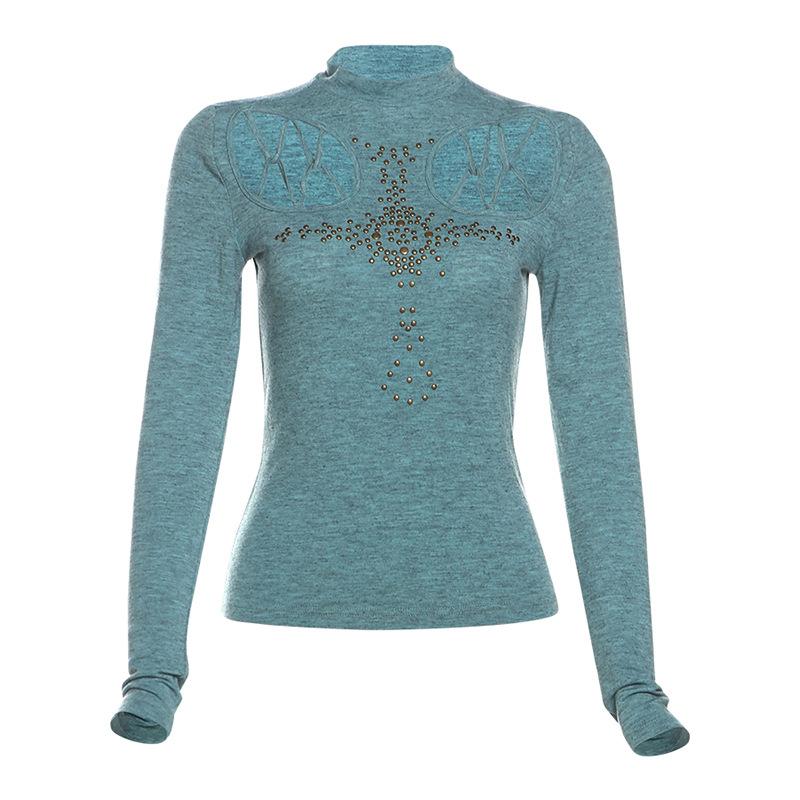 High neck long sleeve beaded cross pattern hollow out top