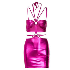Metallic o ring halter self tie backless hollow out mini dress  | red tango dress