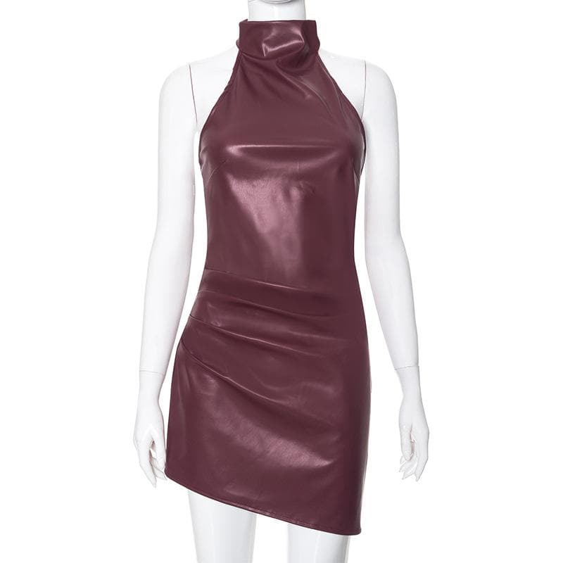 PU leather halter ruched button mini dress