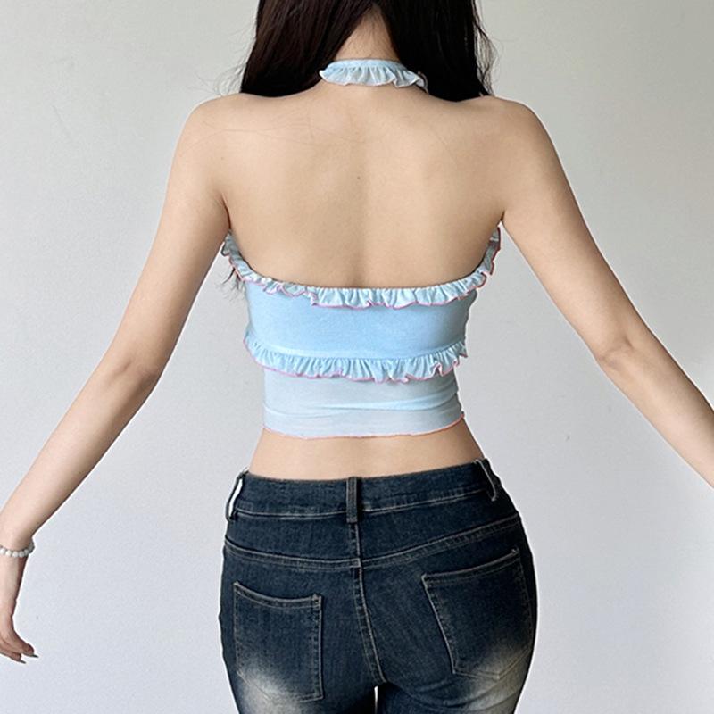 Halter rose applique ruffle ribbed crop top