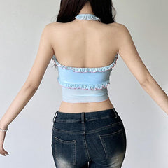 Halter rose applique ruffle ribbed crop top