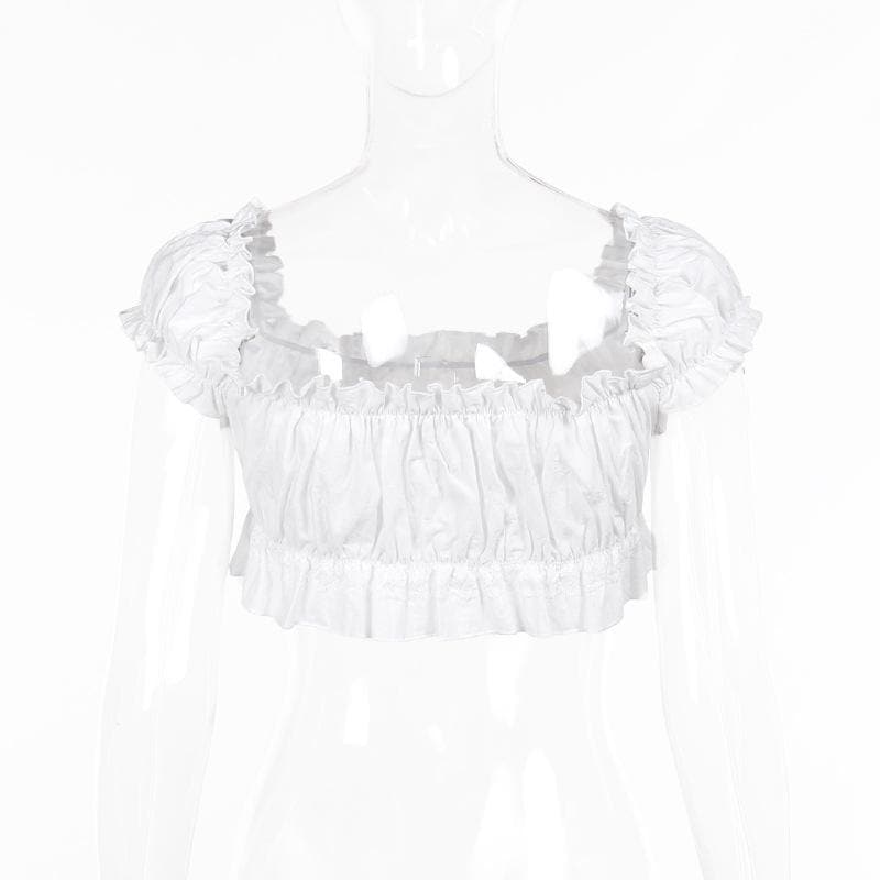 Short puff sleeve ruched ruffle bowknot crop top