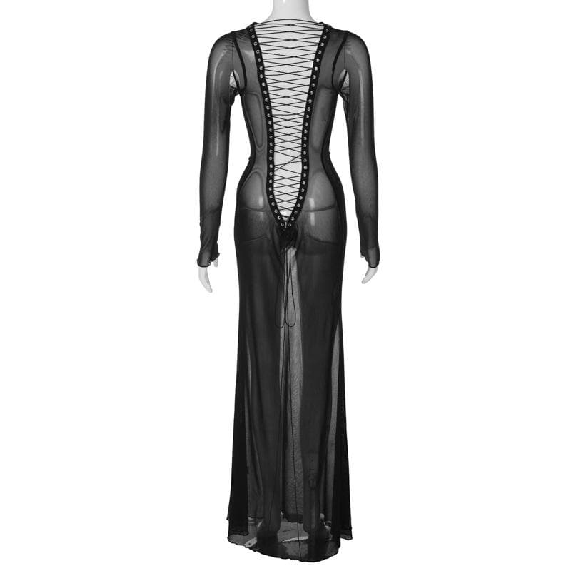 Long sleeve lace up sheer mesh see through maxi dress  | red tango dress  | samba dress