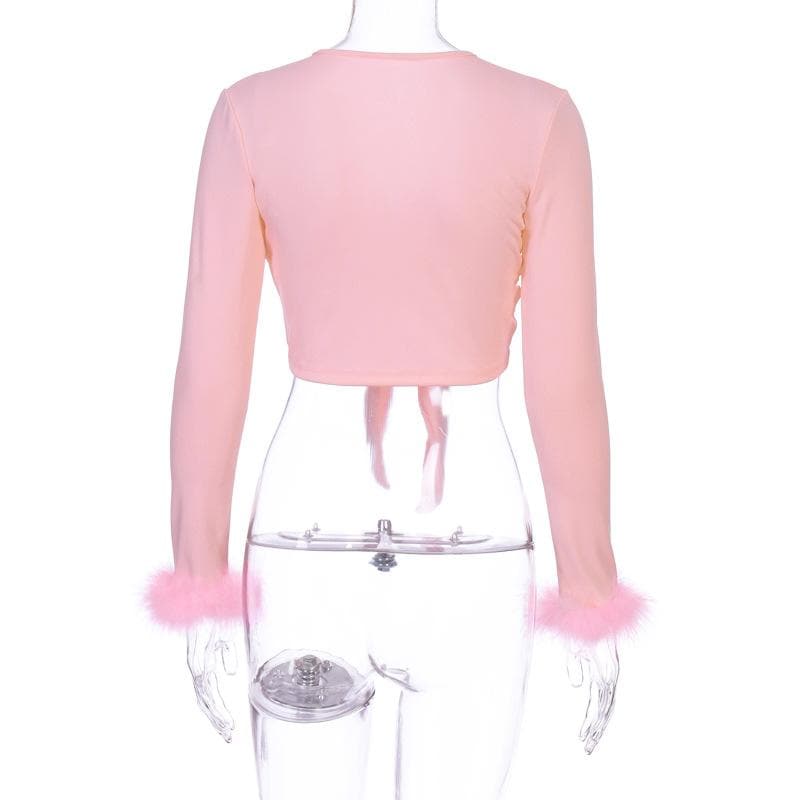 Feather knotted mesh see through long sleeve crop top