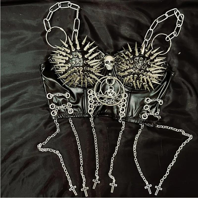 Skull o ring rivet PU leather metal chain cami top