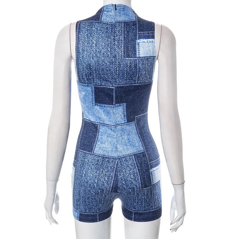 Contrast sleeveless denim print high neck romper