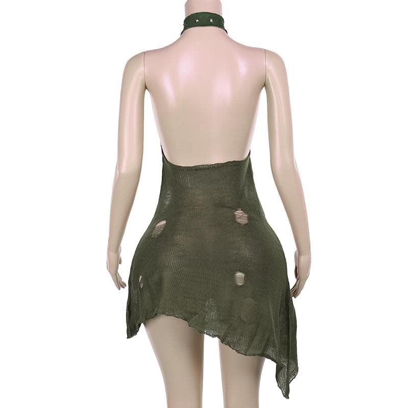 Halter cowl neck knitted buckle see through mini dress