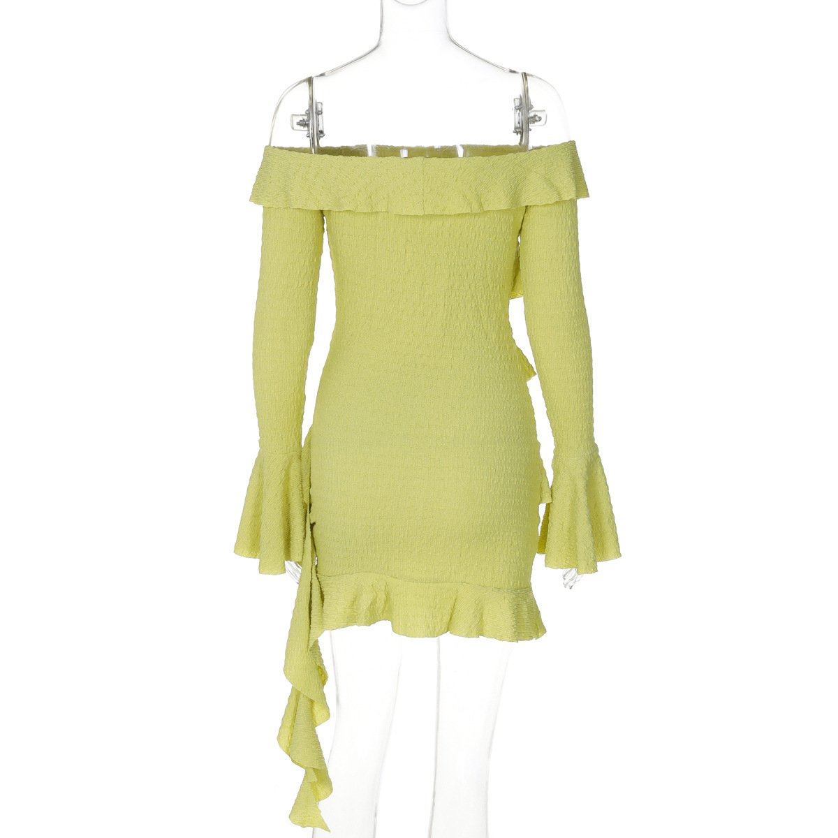 Off shoulder long flared sleeve ruffle mini dress
