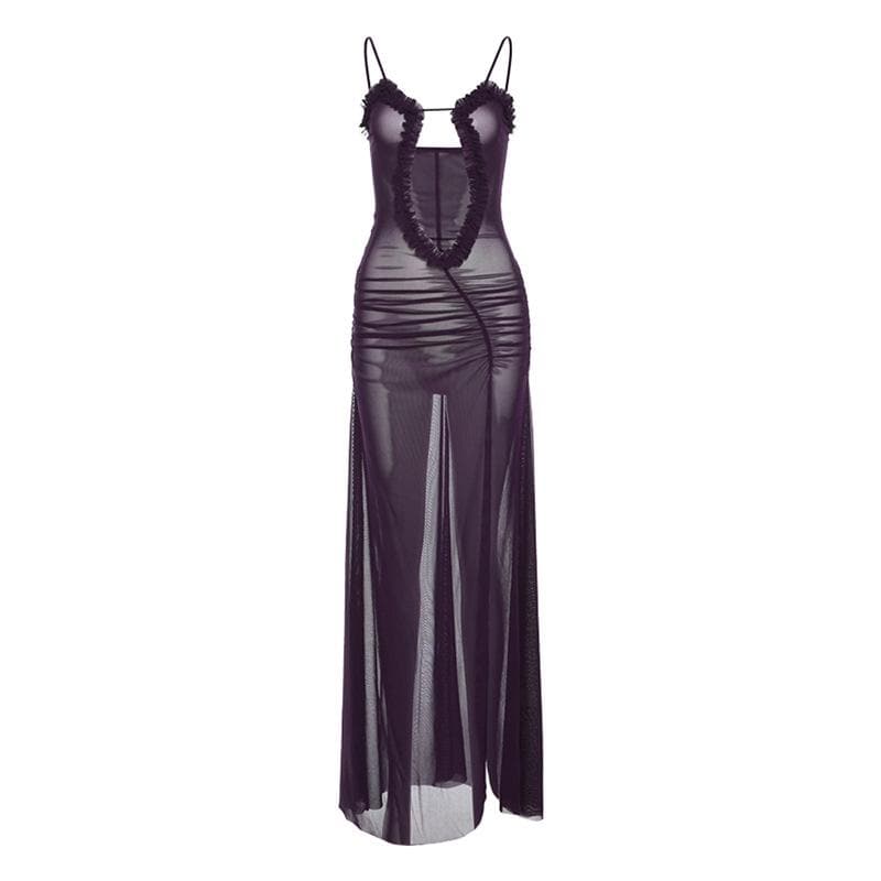 Sheer mesh hollow out ruched high slit cami cut out maxi dress  | samba dress