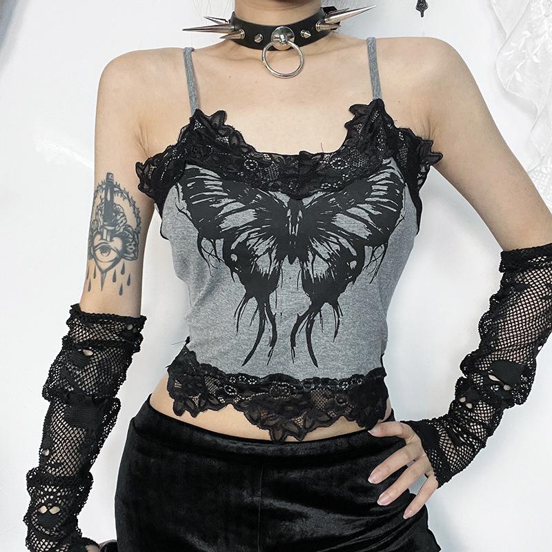 Butterfly print lace hem cami top