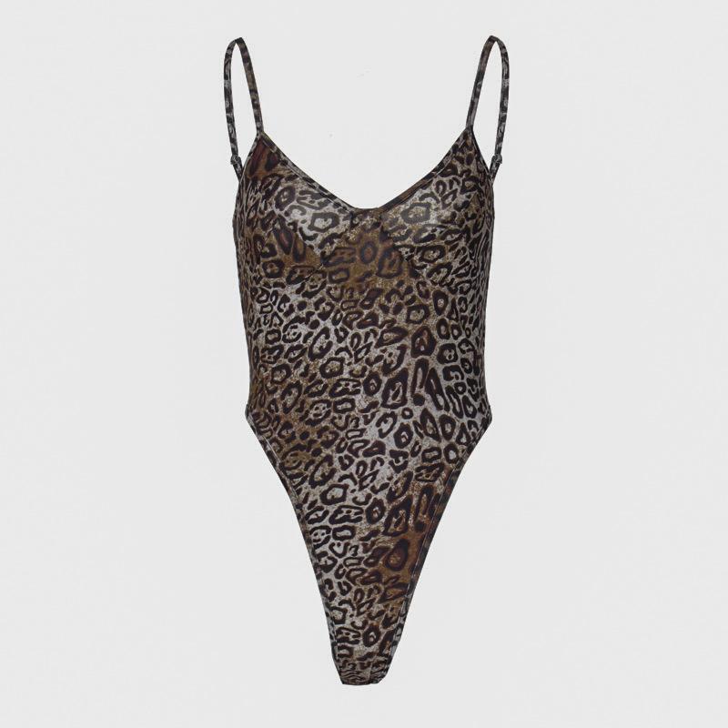 Leopard print v neck backless cami bodysuit
